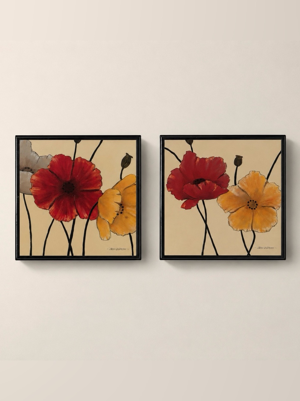 Carol Robinson Poppies Art Tiles  set of 2 6”x6”